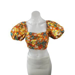 Zara Women's Coral Floral Smocked Short Puff Sleeve Square Neck Crop Top Size S